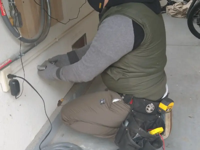 Electrician performing outlet wiring in a Kings Mountain garage